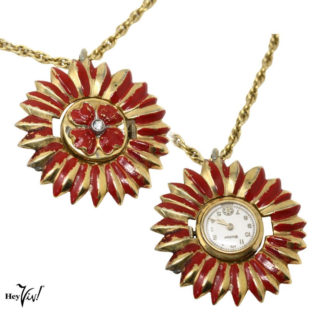 Vintage Windsor Swiss Hidden Watch Pendant Necklace Red Enamel Flower - Hey Viv